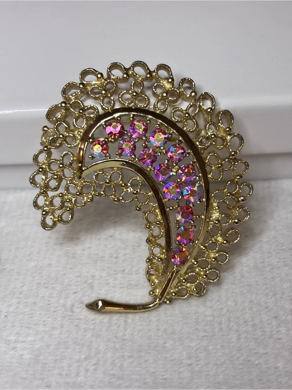 Vintage Pink AB Rhinestone Filigree Feather Leaf Brooch Gold Tone